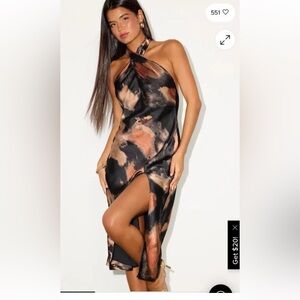 Lulus Beyond Classy Black Multi Abstract Print Satin Halter Midi Dress Size S
